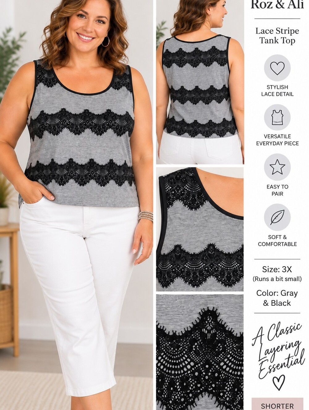 Roz & Ali Plus Size Tank with Lace-like Pattern